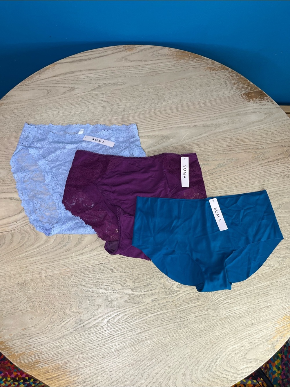NWT Soma Panties 3 Pack Women’s Size M Blue Burgundy Teal Lacey Underwear